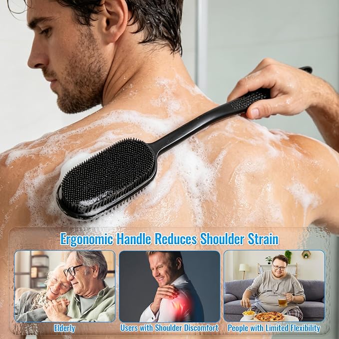 Silicone Back Scrubber for Shower, Bath Brush with Long Handle | Exfoliating & Lathering Body Scrubber Shower Brush