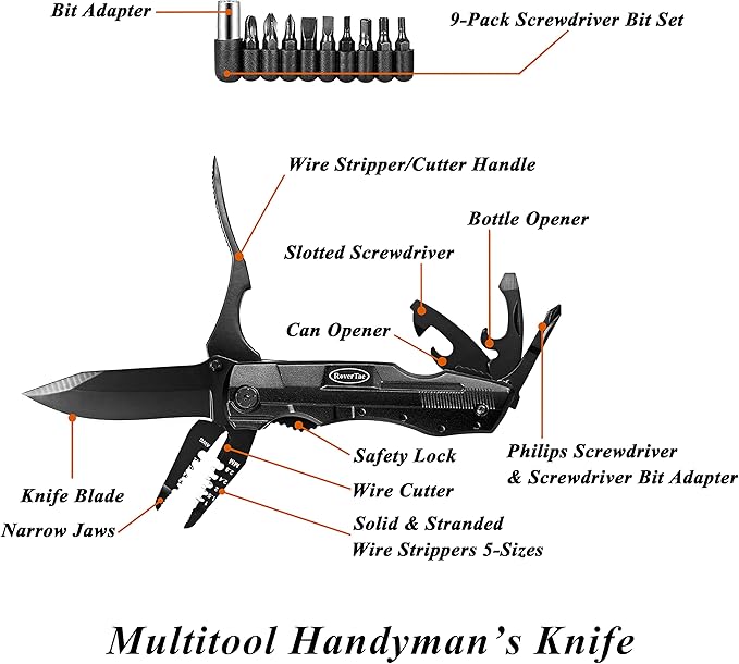 Multitool Knife – 15-in-1 Pocket Knife with Wire Strippers, Wire Cutter, 9 Screwdrivers, Bottle Opener – Perfect Gifts for Men, Dad – Camping Gear for Christmas, Father’s Day, Birthdays
