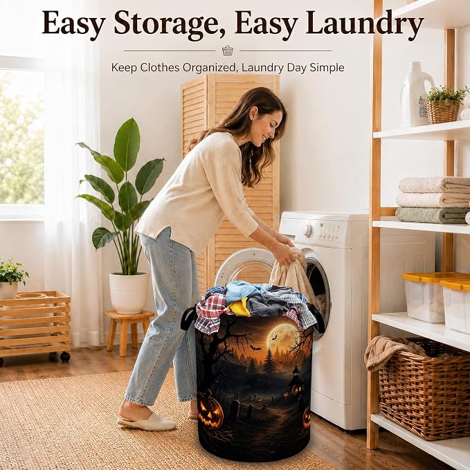 Halloween Pumpkin Night Laundry Basket with Handles, Foldable Tall Oxford Clothes Hamper, Lightweight Water-Resistant Storage Bin for Bedroom Bathroom College Dorm, 16 x 20.8 Inch