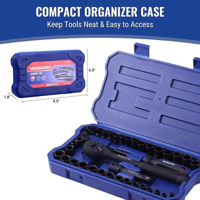 WORKPRO 39PC Drive Black Phosphate Finish CR-V Socket Set(1/4" & 3/8") | Metric & SAE, Quick-Release Ratchet Wrench, Extension Bar, Spinner Handle & Adapter, Compact, Automotive Repair