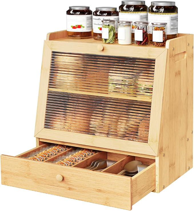 HOOBRO Bread Box, Bamboo Bread Box for Kitchen Countertop, 2-Tier Bread Storage Container with Drawer, Bamboo Food Cabinet with Acrylic Door, for Kitchen, Dining Room, Natural YL21MB01
