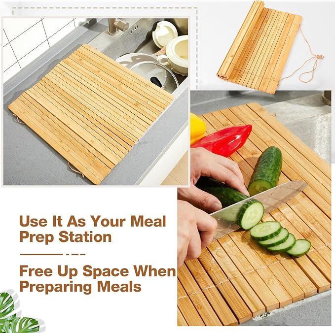 Maxdot Wooden Dish Drying Rack, 17.8 x 16 Inch Roll up Kitchen Over Sink Dish Drying Rack for Dishes, Plates, Bowls, Wooden Cover Counter Space, Crack Resistant Drainer, Kitchen Supplies(Natural)