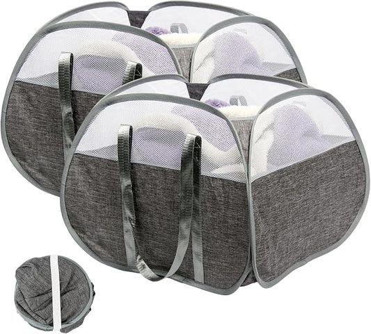 Collapsible Laundry Basket, 90L Tear Proof Mesh Pop-up Hamper 2PCS | Foldable Storage Clothes Bag with Reinforced Handles for Laundry, Bathroom, Dorm, Travel, Camping, Space-saving, Gray