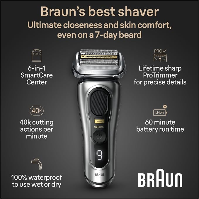 Braun Series 9 PRO+ Electric Razor for Men, 5 Pro Shave Elements & Precision Long Hair Trimmer, 6in1 SmartCare Center, Wet & Dry Electric Shaver for Smooth Skin with 60min Battery Runtime, 9567cc