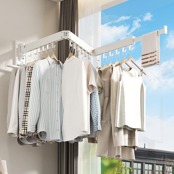 BOQORAD Wall Mounted Clothes Hanger Rack, Clothes Drying Rack,Laundry Drying Rack,Collapsible Clothes Rack Wall Mount, Retractable Drying Rack Clothing,can Fold Upward & Left & Right,White Color
