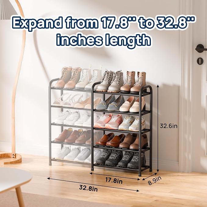 ENJOYBASICS 5 Tier Expandable Shoe Rack for Closet, Free Standing Metal Shoe Shelf Storage Organizer Holder 20 Pairs, Adjustable Width Shoe Rack for Entryway Small Space, Black