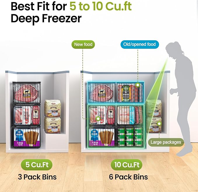MSERCUOR Freezer Organizer Bins, 3 Pack Big Stackable Deep Chest Freezer Organizer Bins, Foldable Baskets with Handles, Black Storage Container Baskets for 5 to 9 Cu.FT Deep Freezer Sort Frozen Meats