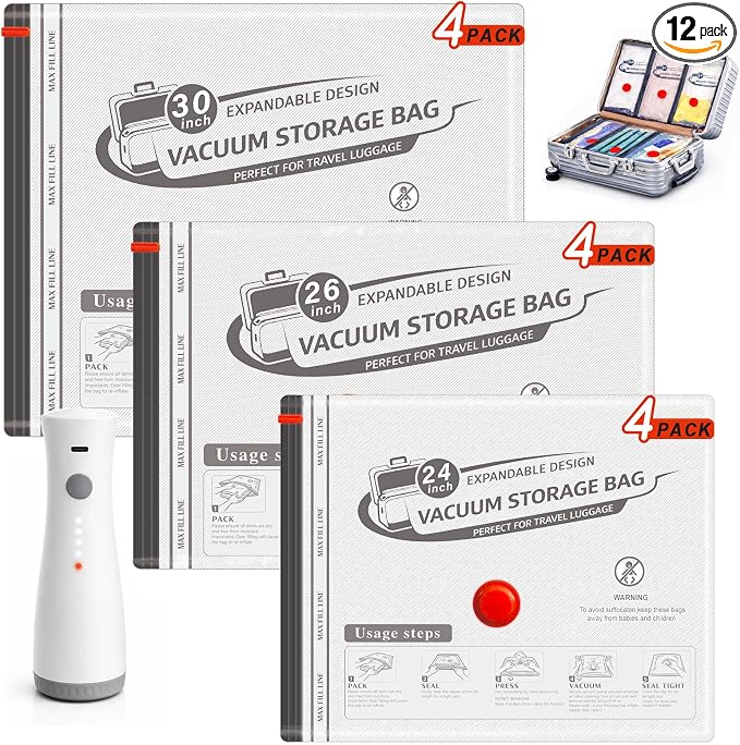 Travel Vacuum Bags with Wireless Rechargeable Pump, Vacuum Seal Bags for Clothing, Compression Space Saver for Luggage & Suitcase, 12 Combo Travel Size