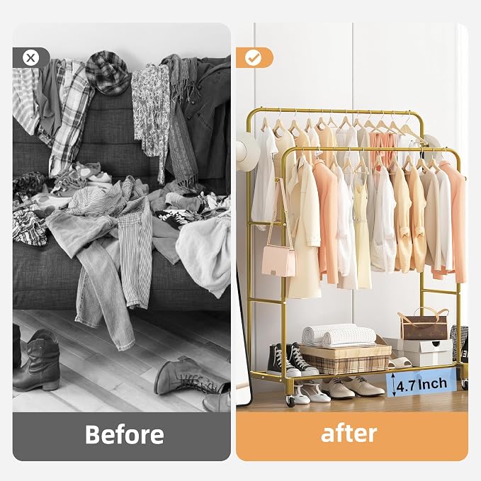 Sooyee Double Rod Clothing Rack with Wheels,3 Tier Garment Racks for Hanging Clothes,Portable Clothes Rack with 4 Hooks for Bedroom,Laundry Room,Gold