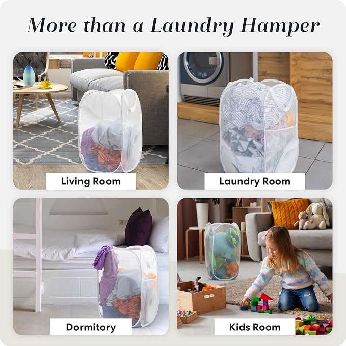 Handy Laundry Pop Up Laundry Hamper 71L Sturdy Collapsible Mesh (White) | Breathable Foldable Laundry Basket with Reinforced Handles, Side Pocket, Wide Opening for Dorm, Travel, Bedroom