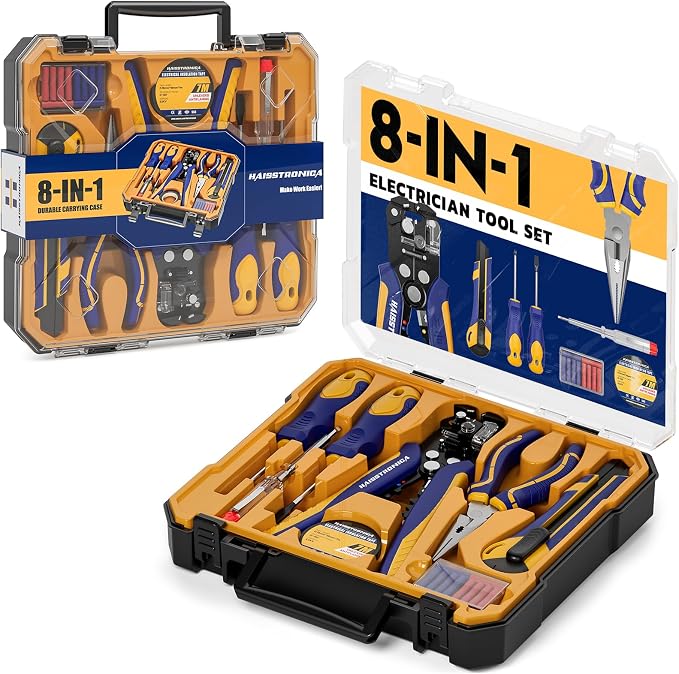 haisstronica 8PCS Electrician Tool Kit, Automatic Wire Stripper, Pliers | Voltage Pen, 2 Drivers, Utility Knife, Tape, Storage Case, Electronics Repairs