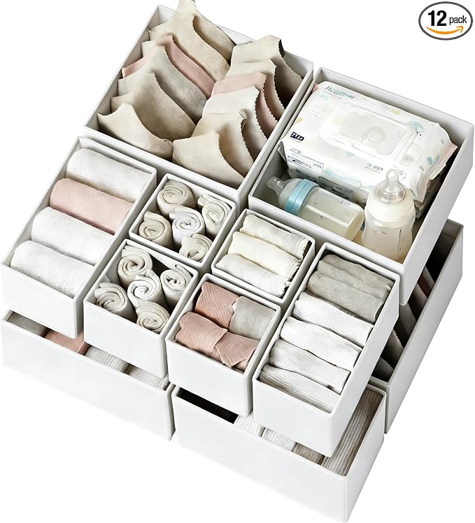 Criusia Drawer Organizer Clothes 12 Pack - Fabric Closet Organizers and Storage for Nursery Organization - Dresser Drawer Dividers for Baby Clothes/Socks/Underwear/Bras - College Dorm Room Essentials