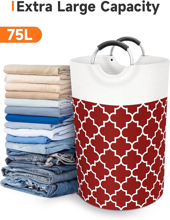 Fabspace Large Laundry Basket Laundry Hamper Bag Washing Bin Clothes Bag Collapsible Tall with Handles Waterproof Travel Bathroom College Essentials Storage for College Dorm, Family (Red) 75L | Freestanding Laundry Hamper, Waterproof Dirty Clothes Stor...