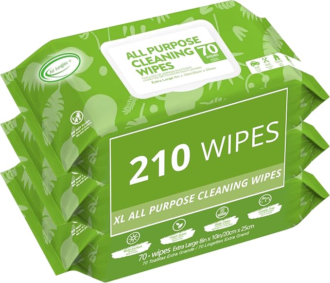 Air Jungles All Purpose Cleaning Wipes 210 Count, XL 8x10 Inch | Heavy Duty for Car Interior, Kitchen, Bathroom, Gym Equipment, Tools, Non-Toxic Safe For Multi-Surface