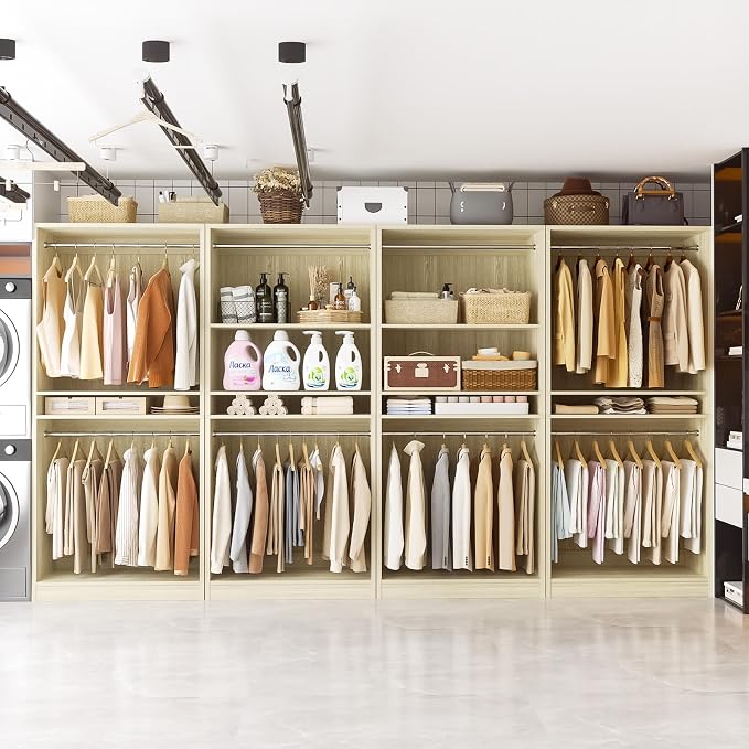 Unikito 12FT Modular Closet System with 8 Hanging Rods, 2800LBs Wood Garment Rack, 4-Pieces Ultra-Wide Walk-in Closet Organizer, Freestanding Clothing Shelves, White Oak