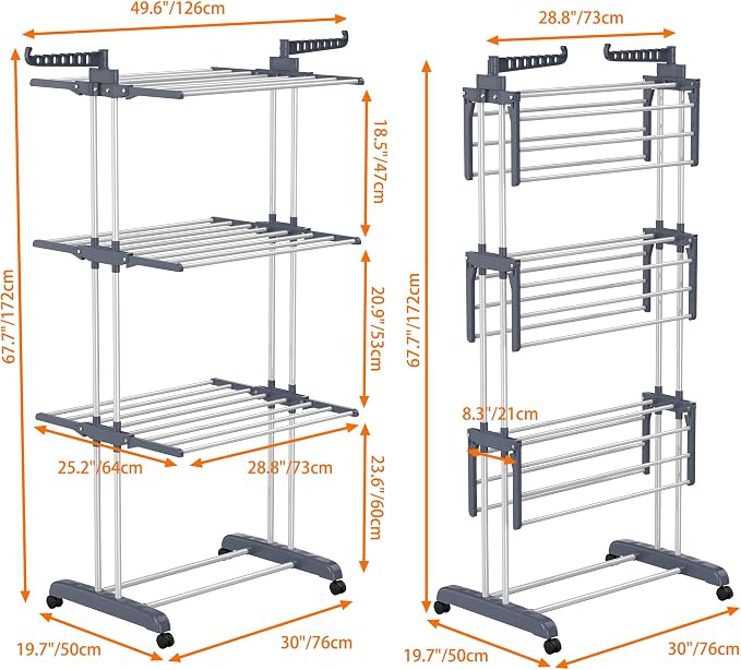HOMIDEC Clothes Drying Rack, 4-Tier(67.7" H) Foldable Drying Rack Clothing | Foldable Stainless Steel Drying Rack, Movable Laundry Drying Rack with 4 Castors and 14 Hooks for Bed Linen, Clothing, Grey
