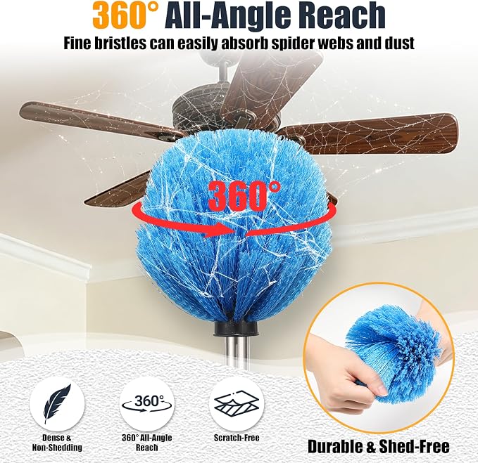 Lightweight Cobweb Duster with Extension Pole – 8FT Long Reach Brush Kit, Washable Head for Ceiling Fan, Spider Webs, Dust – Cleans Up to 15FT, for Furniture, Eaves, Vents, Roof