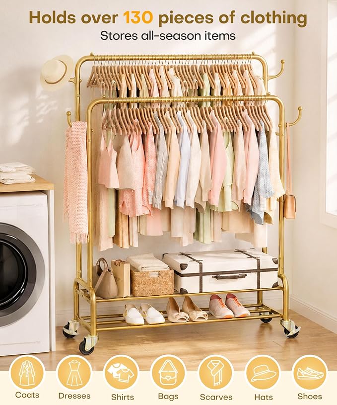 Homde Heavy Duty Clothes Rack: 265lb Rolling Double Rod Garment Hanging - Metal Coat Organizer Storage Display Shelf on Wheels for Bedroom Laundry