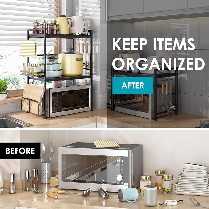 DOLALIKE Microwave Oven Rack, Expandable Microwave Stand Countertop Kitchen Utensils Tableware Storage, Carbon Steel Over Microwave Shelf Countertop with 6 Hooks | Adjustable Microwave Oven Rack Metal Storage Shelf for Pans Small Appliances Kitchen Ute...