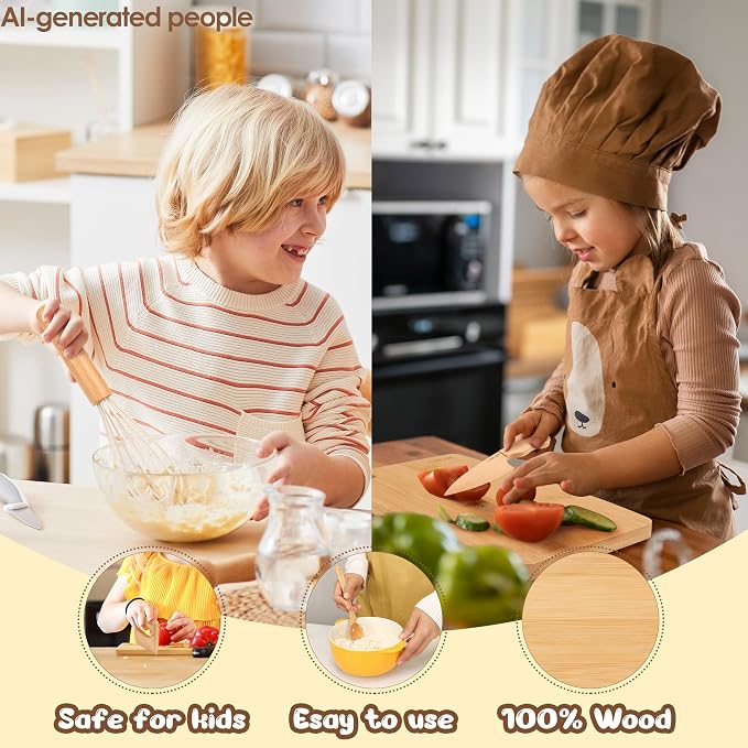 LUOLAO Wooden Kids Safe Knife and Kids Baking Set for Real Cooking, 6 PCS Toddler Montessori Kitchen Tools, Cooking and Baking for Little Chefs