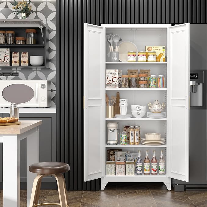 SteeLoong 75”Metal Pantry Storage Cabinet with Doors & 4 Adjustable Shelves | Kitchen Pantry Cabinet,White Kitchen Cabinet with 2 Gold Handles,Tall Cabinet for Livingroom,Pantry, Bathroom,Kitchen,Garage
