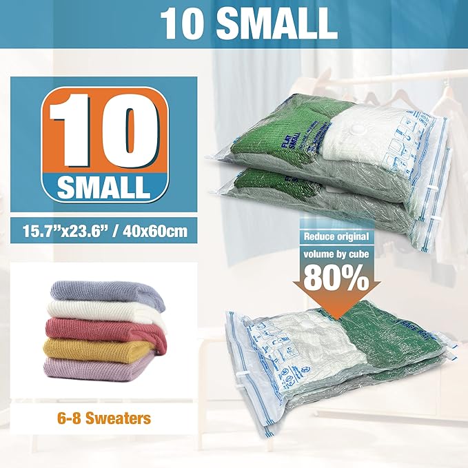 Vacuum Storage Bags, 10 Small Space Saver Vacuum Seal Bags, Space Bags, Vacuum Sealer Bags for Clothes with Travel Hand Pump (10S) | Home and Travel, Airtight Triple Seal, Save 80% Space, Hand Pump, Work with Vacuum, Double Zip, Reusable, Easy to Use