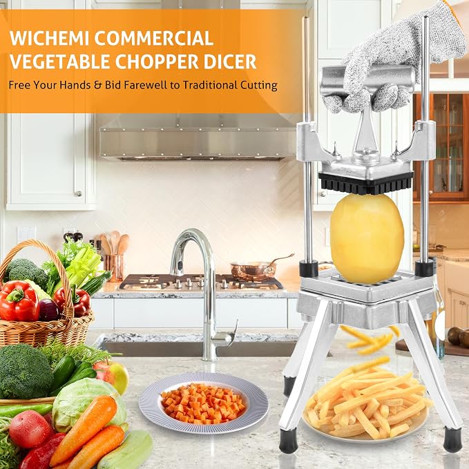 WICHEMI Commercial Vegetable Fruit Chopper Food Dicer French Fry Cutter | Stainless Steel 1/4" Blade, Heavy Duty, High Efficiency, Detachable, Easy Clean, Cuts Onions, Tomatoes, Potatoes, Peppers.