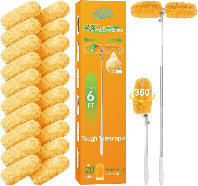 6 ft Extendable Duster Handle with 20 Pcs, 360° Heavy Duty Duster Refills Kit for Swiffer, 4X Electrostatic Microfiber for Cleaning Home, Effortlessly Reach Ceilings, Fans & Hard-to-Reach Areas