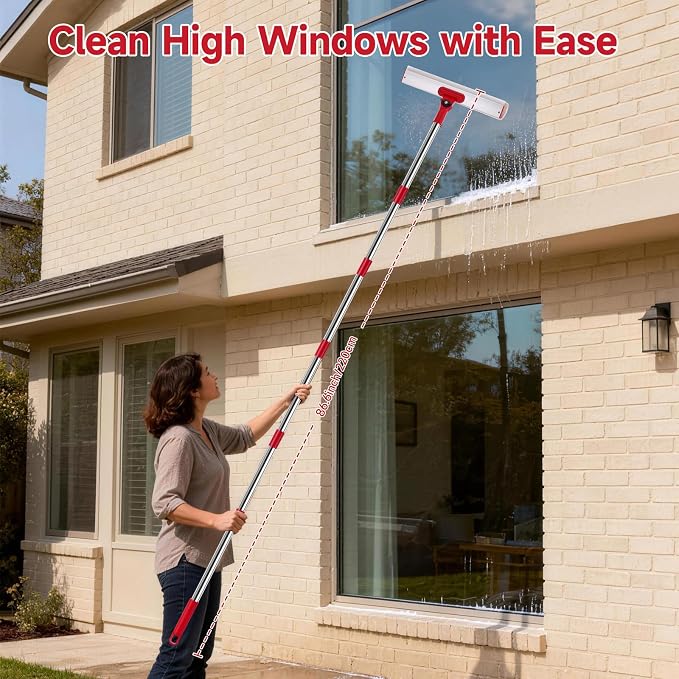 86.6" Window Squeegee for Home, Squeegee for Window Cleaning Kit with 6-Section Adjustable Long Handle, 16" & 12" Glass Scraper Squeegee for Shower Glass Doors & Windshield, Includes 4 Microfiber Pads