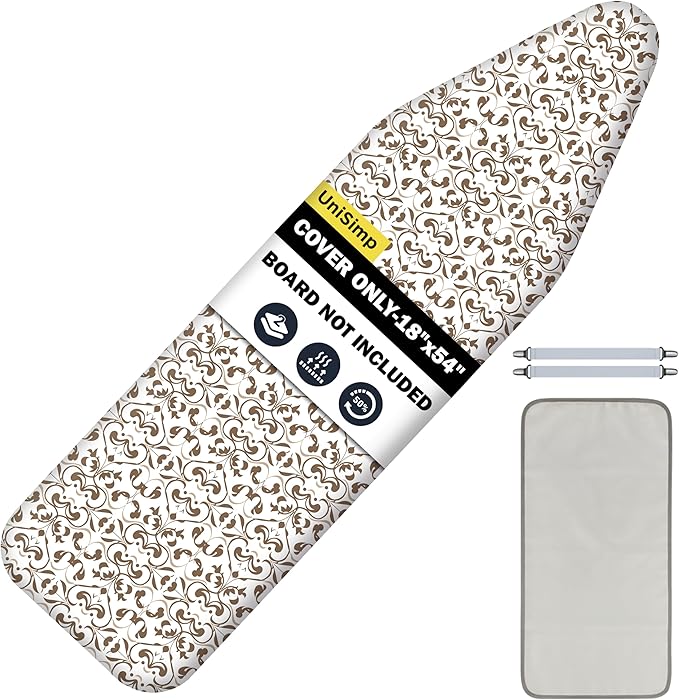 UniSimp Ironing Board Cover and Pad 18"x54" Extra Thick Natural Cotton, Scorch and Stain Resistant Iron Board Cover,Extra Large Iron Board Cover with Fasteners Heavy Duty Heatproof Elastic Edge Taupe