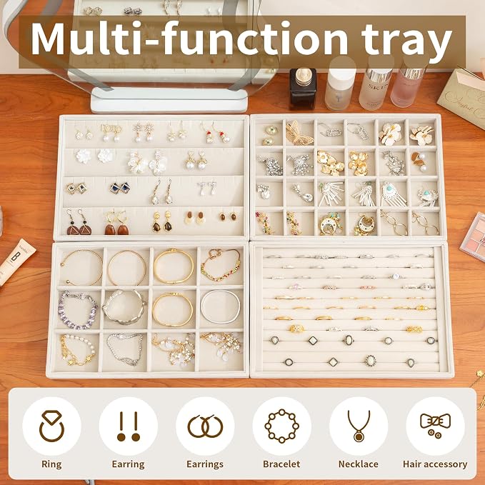 Frebeauty Jewelry Trays for Drawer,Set of 4 Jewelry Organizer and Storage | Velvet Material,Stackable,Adjustable Dividers,Drawer Inserts for Rings Studs Bracelet,Earring Organizer for Women Girls