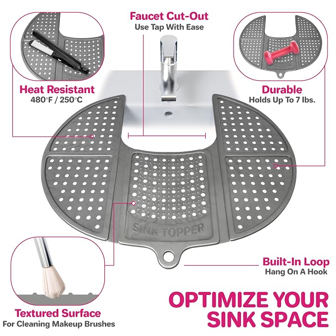 Sink Topper Bathroom Sink Cover for Counter Space, Standard Silver | Holds up to 7 lb on a steel frame; fits over basins to 19 in; 480°F silicone, hot tools; foldable makeup mat; RV, camper