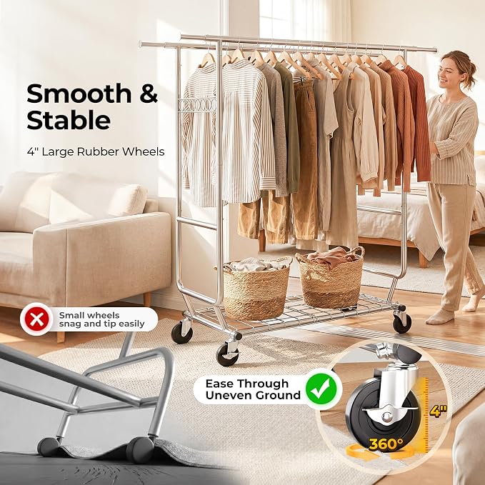 HOKEEPER Clothes Rack Heavy Duty Clothing Rack Load 650 LBS Collapsible Garment Rack with Wheels Double Rod Clothes Rack for Hanging Clothes Commercial Portable Closet Rack, 2 Packs 22" D*75" W*68" H