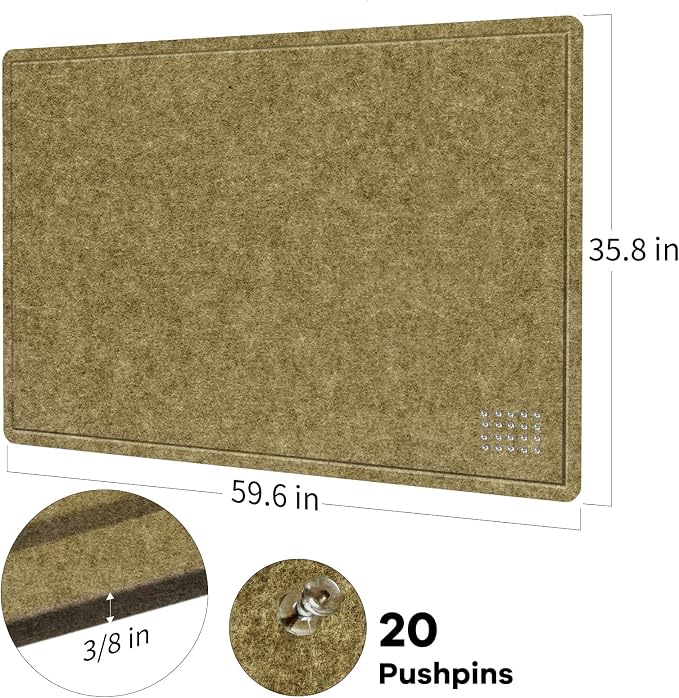 Felt Bulletin Board 60x36 inches, Decorative Pin Board for Home & Office | Cork Board Alternative for Wall with Push Pins, Display Mood Board for Photos, Notes & Reminders