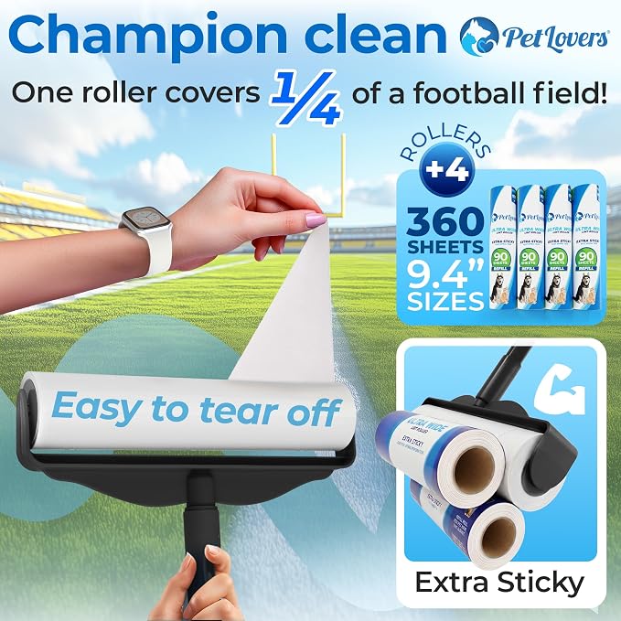 PetLovers Large Lint Roller with 3 Refills – 360 Total Sheets for Tackling Pet Hair, Extra Large Floor and Carpet Roller for Homes with Pets, Perfect for Floors, Furniture, and Loving Pet Owners