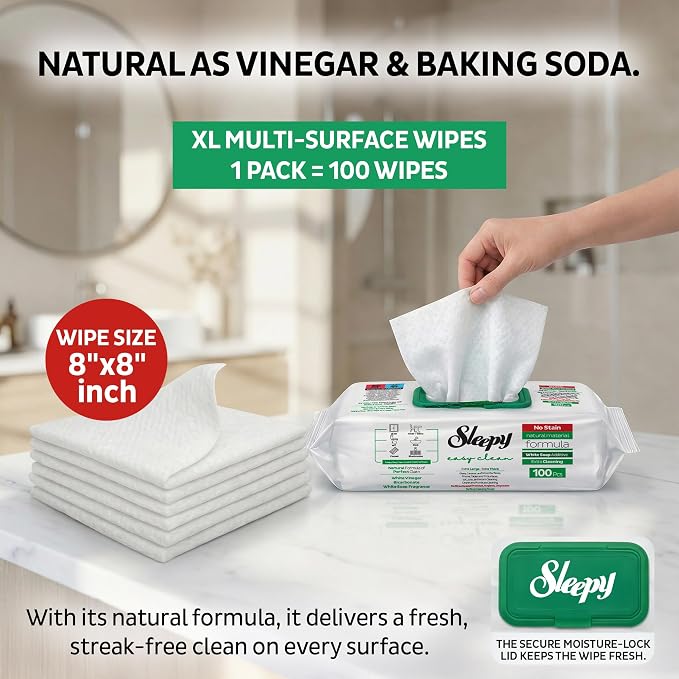 Sleepy Easy Clean XL Multi Surface Cleaning Wipes (100 Count) – Natural Vinegar & Baking Soda Formula – Jumbo 8"x8" All Purpose Wet Wipes for Kitchen, Bathroom, Glass & Electronics – No Streak