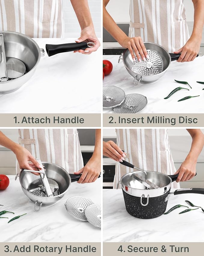 Compact Stainless Steel Food Mill with 3 Discs – Ergonomic Rotary Hand Crank with Removable Handles for Tomato Sauce, Applesauce, Baby Food, Mashed Potatoes & Puree