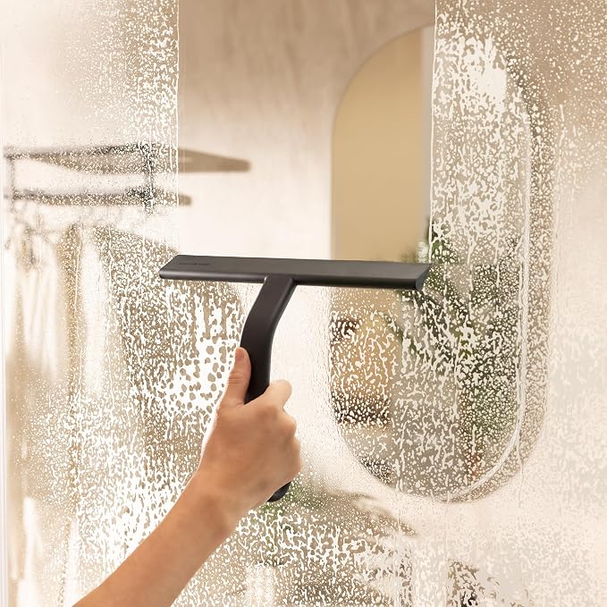 dancemoon JustHang Shower Squeegee for Glass Doors, All-One-Piece Wider 12" Silicone Squeegee with Built-in Hook for Window, Mirror, Tile Wall, Car, Streak-Free Bathroom Cleaner Tool, 12-Inch Black