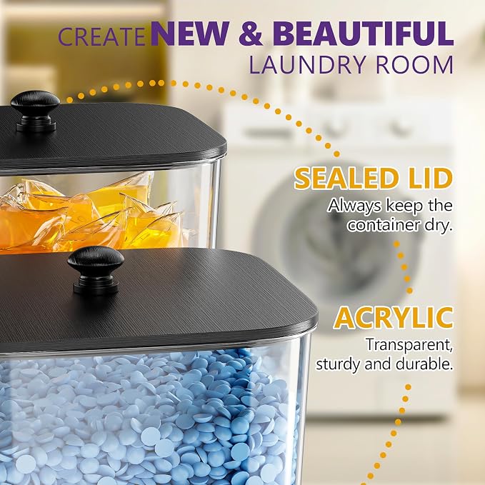 Moforoco 5+1Pack Laundry Pods Container, Clear Laundry Room Organization Containers,Large Detergent Powder Storage, Black Wooden Lids & Labels, Acrylic Pods Holder