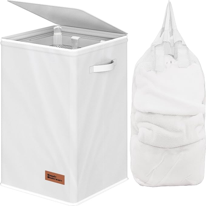 Simple Houseware Foldable Laundry Hamper Basket with Lid and Bag, Pink | Heavy Duty 600D Polyester, Water-Resistant Surface