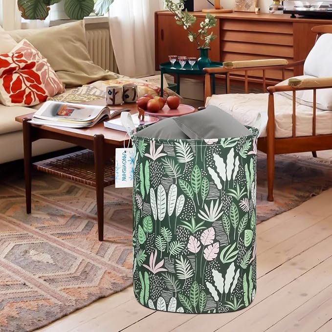 Round Laundry Basket Collapsible Storage Hamper Organizer Full Leaf | Waterproof Canvas Foldable Baskets with sturdy Handles Multi-scene Organizer for Home Play Bedroom Gift Bin