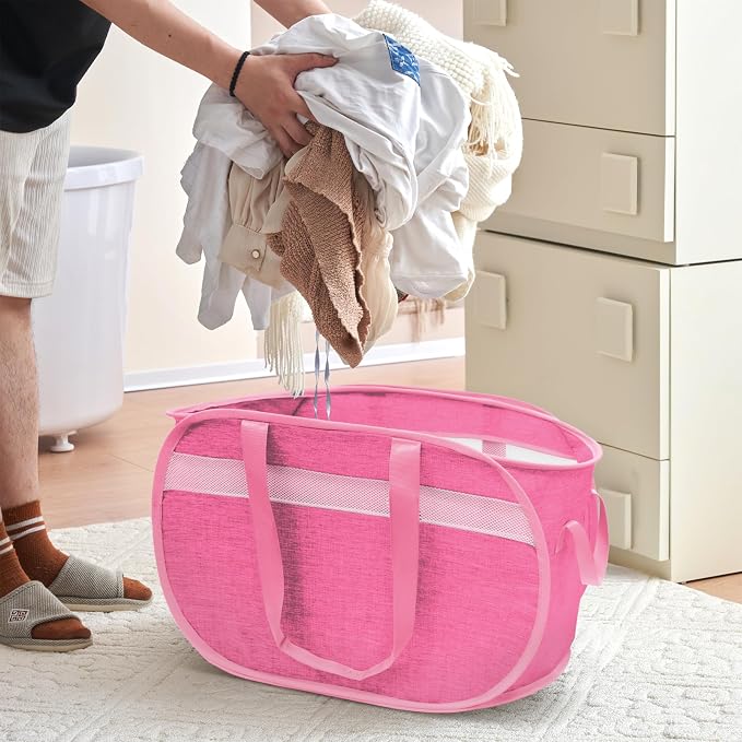 Collapsible Tear Proof Laundry Baskets with Dual Handles, Pink | 70L, Foldable, Pop up Hamper, Reinforced Durable Laundry Hamper for Home, Laundry, Bathroom, Dorm or Travel