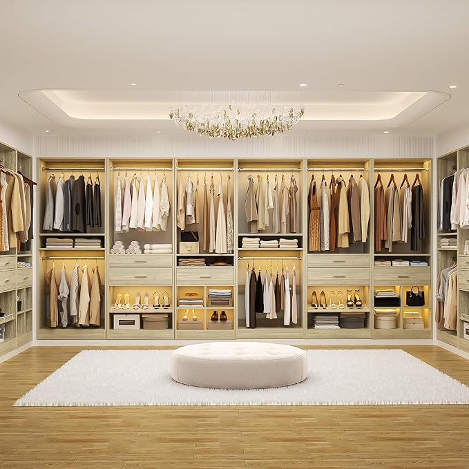 Unikito Closet System Set of 2, 4FT Closet Systems with 2 Wood Drawers, 50" Closet Organizer System with 3 Hanging Rods & 2 Shelves, Heavy Duty Walk-in Closet , White Oak (50" L x 16" W x 80" H)