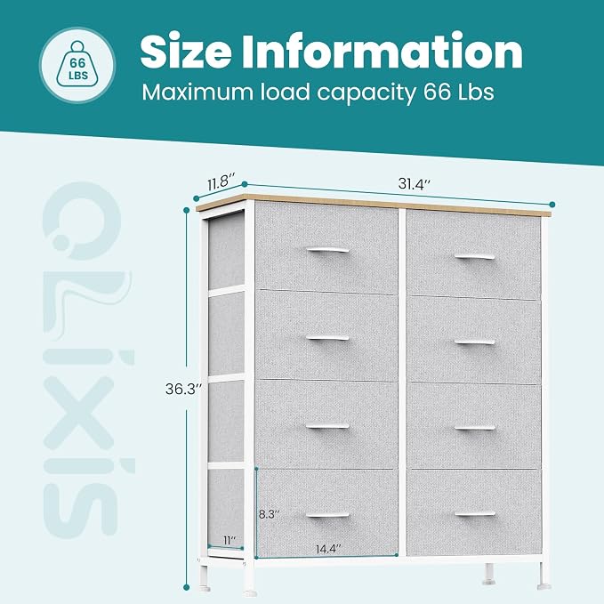 OLIXIS 8 Drawer Storage Dresser for Bedroom, Closet Organizers Units | Fabric Dresser with Wooden Top, Chest of Drawers Clothes Storage, Tower Cabinet, TV Stand Furniture, Light Grey