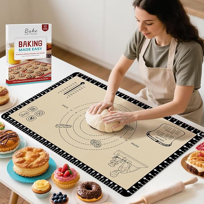 Silicone Baking Mat with 10 Recipes, Extra Thick Silicone Mats for Baking, Non Stick Pastry Mat,Reusable kneading Dough Rolling Mat for Cookie, Macaron, Bread, Pizza