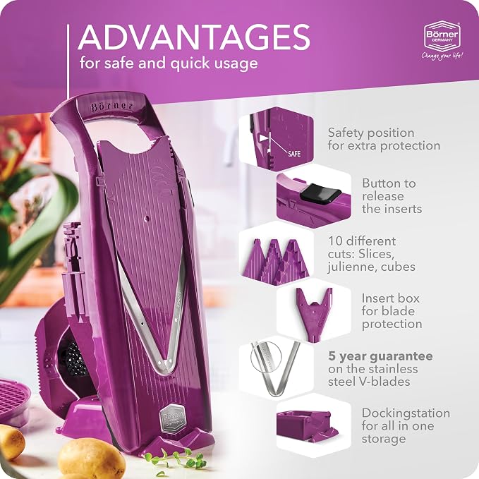 Mandoline Food Slicer Börner V5 (Profi Set) by Reston Lloyd • V-Slicer with 4 Inserts, Docking Station & Food Holder • Made in Germany • Fruit & Vegetable Chopper • Multiple Settings • Color: Purple