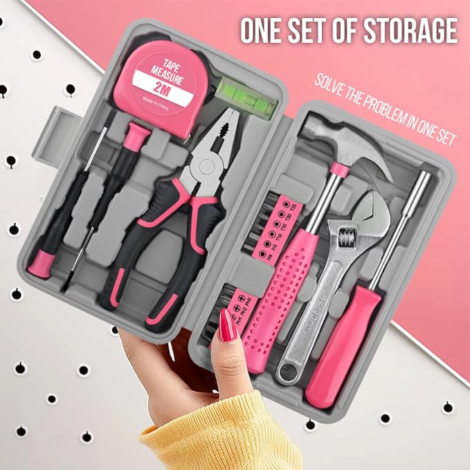 20 Pcs Home Tool Set, Basics Household Tool Kit with Small Mini Carrying Box for Men and Women DIY (Pink)