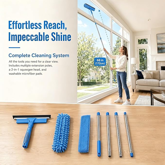 68'' Window Squeegee Cleaner Kit - 2-in-1 Rotatable Window Cleaning Tool with Extension Pole, Professional Streak-Free Squeegee with Bendable Head for Indoor/Outdoor Windows Car Glass (Blue, 38.45FT)