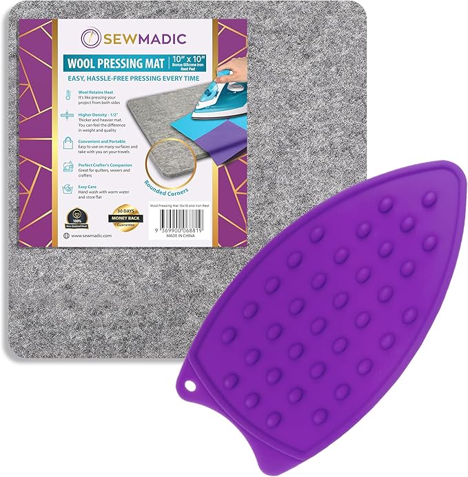 Wool Pressing Mat 10 x 10 Inch (25.4cm x 25.4cm) – 100% New Zealand Wool Quilting Ironing Pad – Portable, Odorless, Double-Sided Ironing Mat for Sewing & Embroidery – Includes Silicone Iron Rest