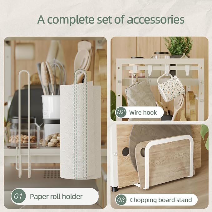 NETEL 2 Tier Expandable Microwave Stand countertop,Microwave Oven Rack | microwave shelf with Paper Towel and Chopping Board Holder, storage shelf for pans &appliances,8 Hooks,55lbs max load,White